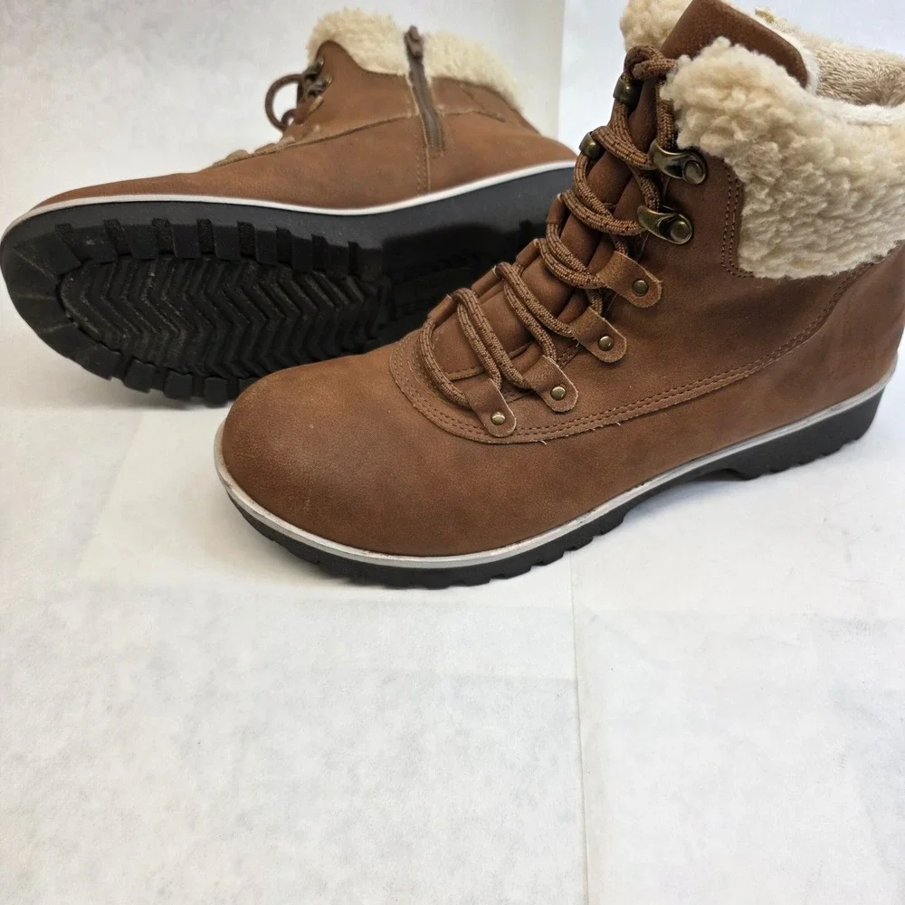 Womens Leather Ankle Boots Size 8 JBU by Jambu Redrock Brown Sherpa Lace Zip Up